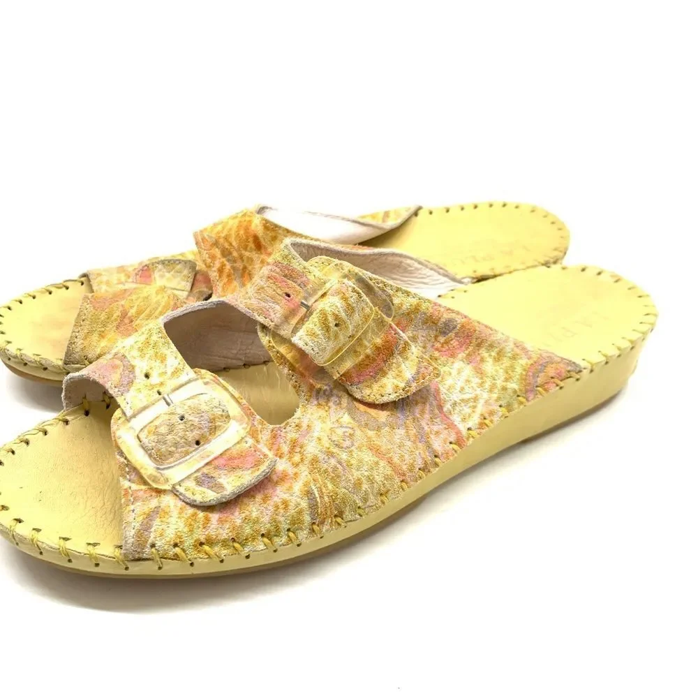 La Plume Floral Leather Yellow Slip on  Made in Italy Sandals Size 9 EUR 40 - Picture 3 of 13